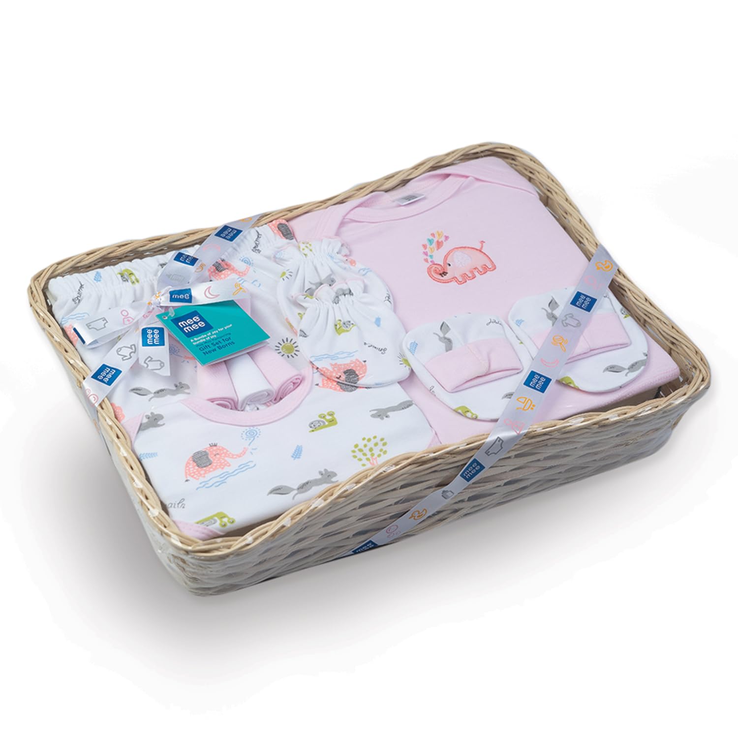 Mee Mee New Born Baby Gift Set | Soft Cotton Clothing Essentials for Infants/Baby Girls, Boys | Baby Shower Clothing Hamper| Ideal Gift for New Born Baby | 8 Pieces | (Square, Pink)