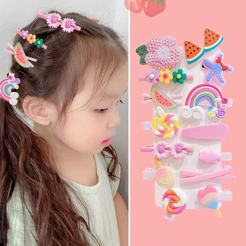Figment Hair Clip Cute Fruit Cartoon Animal Shape Hair Pins Set for Baby Girls, Little Girl Hair Stuff Kids Accessory, Flower Candy, Fruits Rainbow, Butterflies for Hairstyles (Pink)