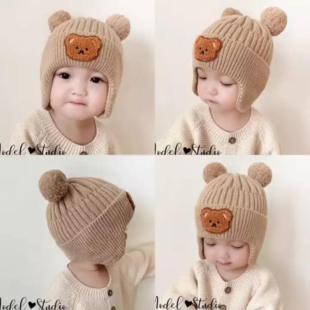 SYGA Winter Warm Ear Protection Knitted Cute Pompom Baby Hat (2-6Year),Brown,1 Count