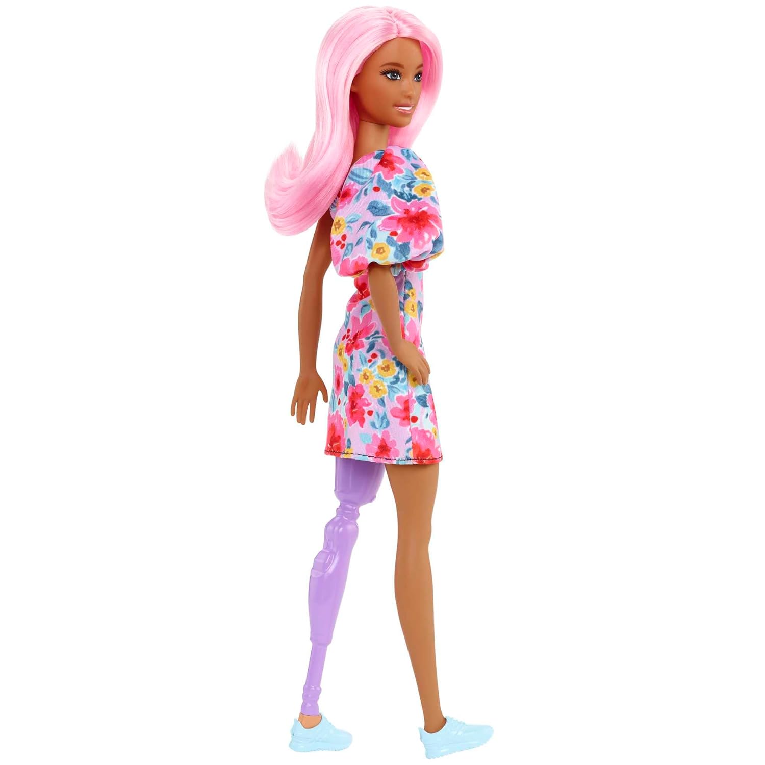 Barbie Fashionistas Doll 189 Pink Hair Off-Shoulder Floral Dress Sunglasses Prosthetic Leg Sneakers
