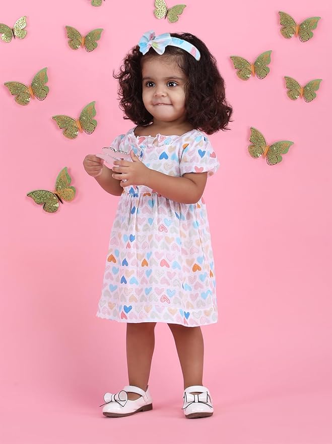 Polka Tots Halfsleeves Mini Hearts print frock with headband - Multicolor