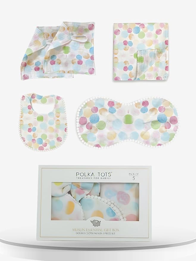 Polka Tots Newborn Pack of 5 100% Soft Double-Layer Muslin Cotton Essentials Gift Box – Polka Dots Print
