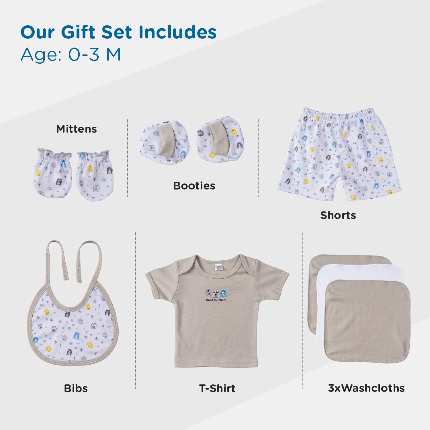 Mee Mee New Born Basket Baby Gift Set | Soft Cotton Clothing Essentials for Infants/Baby Girls, Boys | Baby Shower Clothing Hamper | 8 Pieces | (Square, Grey)