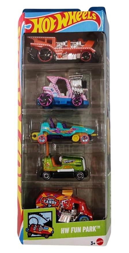 Hot Wheels Car 2025 HW Fun Park Pack of 5 (Bump Around, Loopster, Cool One, Loco Motorin, Tee'd Off 2) Multi - Color, 3+ Years