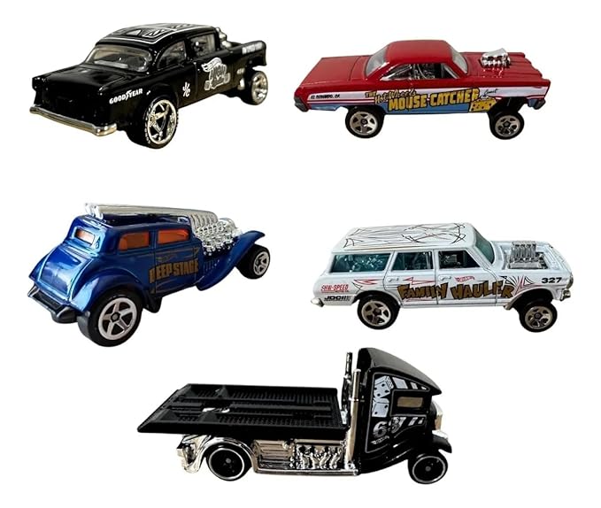 Hot Wheels Car 2025 HW Gassers Pack of 5 (55 Chevy Bel Air Gasser, 65 Mercury Comet Cyclone, 64 Chevy Nova Gasser, Straight Pipes, Fast-Bed Hauler) Multi - Color