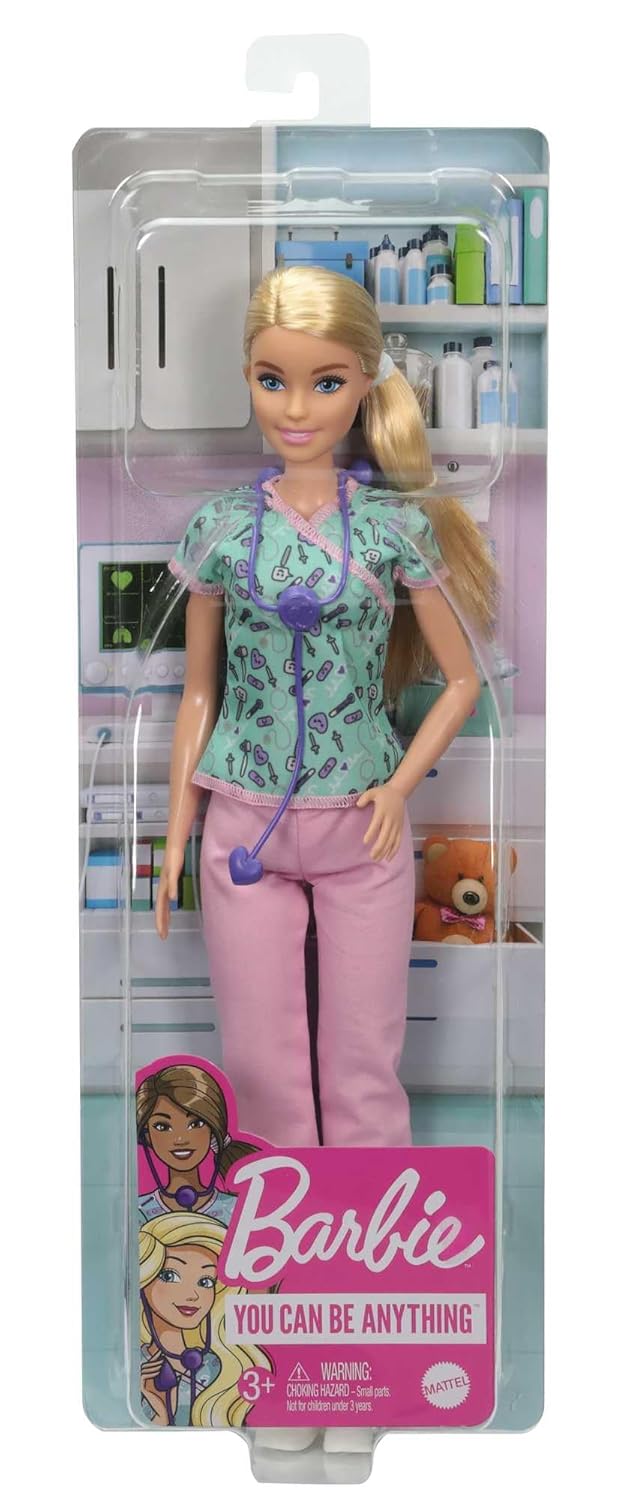 Barbie Nurse Blonde Doll (12-in3040-cm) with Scrubs Featuring a Medical Tool Print Top Pink Pants W