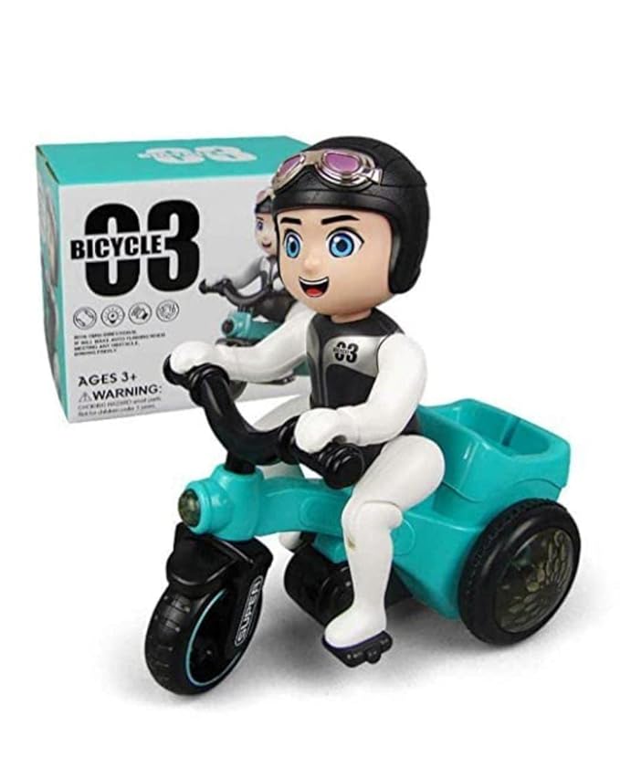 Gyanvi Tricycle Motorcycle, Bump & Go Three Wheeled Mini Stunt Bike Toy with Flashing Lights Music Sound Automatic Riding 360 Degree Rotating for Kids