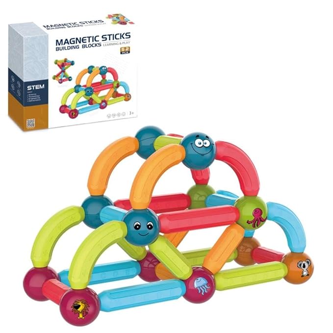 PARTY BOX 52 PCS STEM Magnetic Building Blocks Toy for Kids -Premium Magnetic Sticks and Balls Set- Different Sizes & Curve Shaped - for Boys and Girls