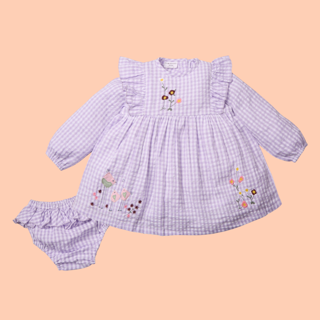Embroidery Full Sleeves Gingham Dress With Bloomer - Purple