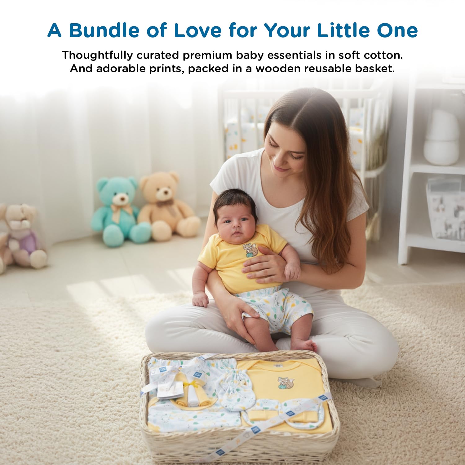 Mee Mee New Born Baby Gift Set | Soft Cotton Clothing Essentials for Infants/Baby Girls, Boys | Baby Shower Clothing Hamper| Ideal Gift for New Born Baby | 8 Pieces | (Square, Yellow)