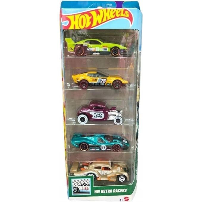 Hot Wheels Car 2025 HW Retro Racers Pack of 5 (EL Segundo Coupe, GT-Scorcher, 32 Ford, Volkswagen Kafer Racer, 1967 Ford GT40 MK.IV) Multi - Color