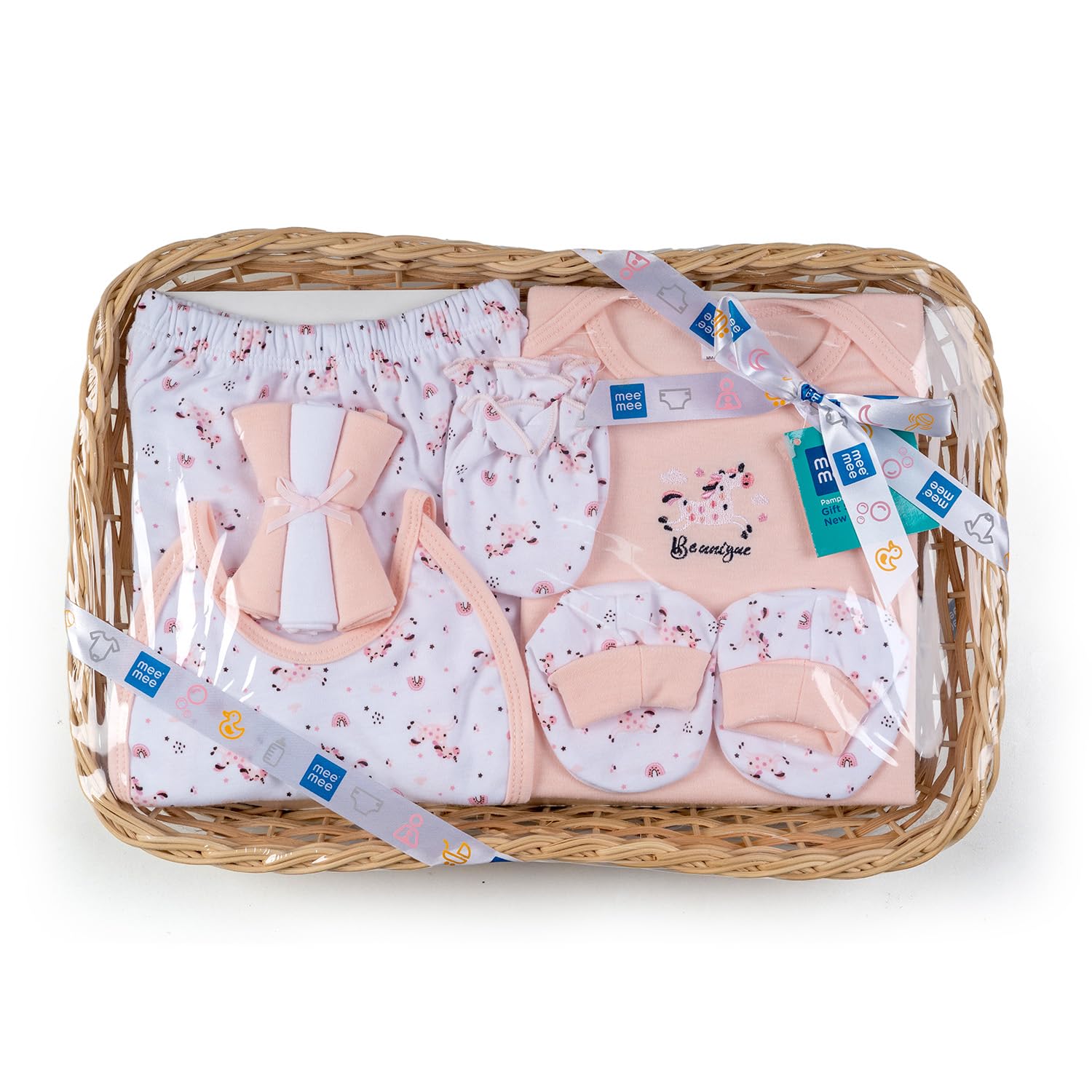 Mee Mee New Born Basket Baby Gift Set | Soft Cotton Clothing Essentials For Infants/Baby Girls, Boys | Baby Shower Clothing Hamper | 8 Pieces | (Square, Cream)