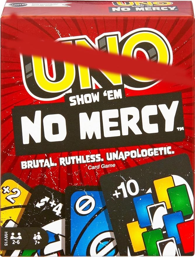 Show ‘Em No Mercy Card Game | Fun Family Party Game for Kids & Adults | Travel-Friendly Deck with Extra Cards, Special Rules & Tough Penalties | Uno Style Game