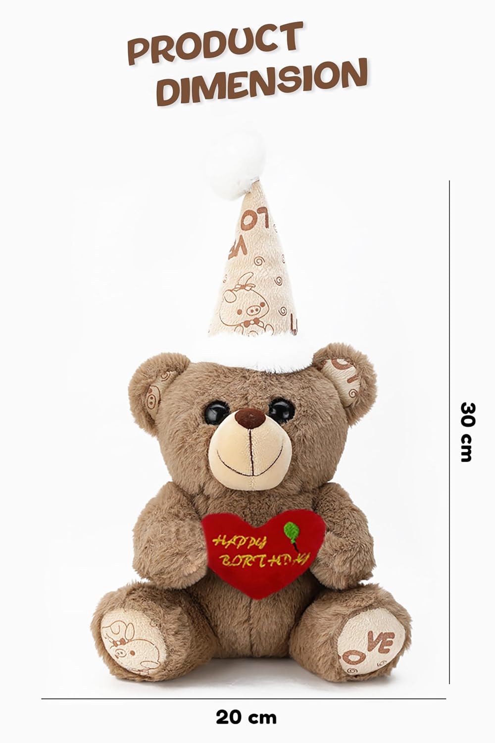 Webby Plush Birthday Teddy Bear with Heart Shape Happy Birthday Printing (Brown)