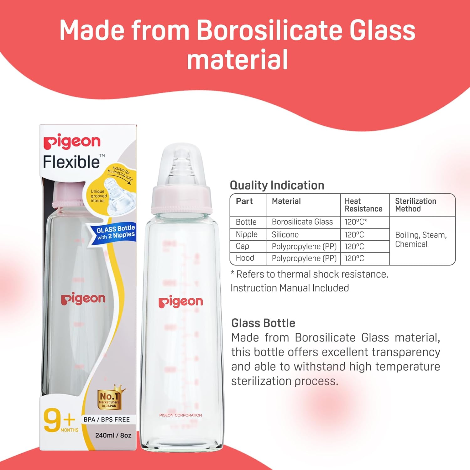 PIGEON Glass Feeding Bottle 240ML (Pink)