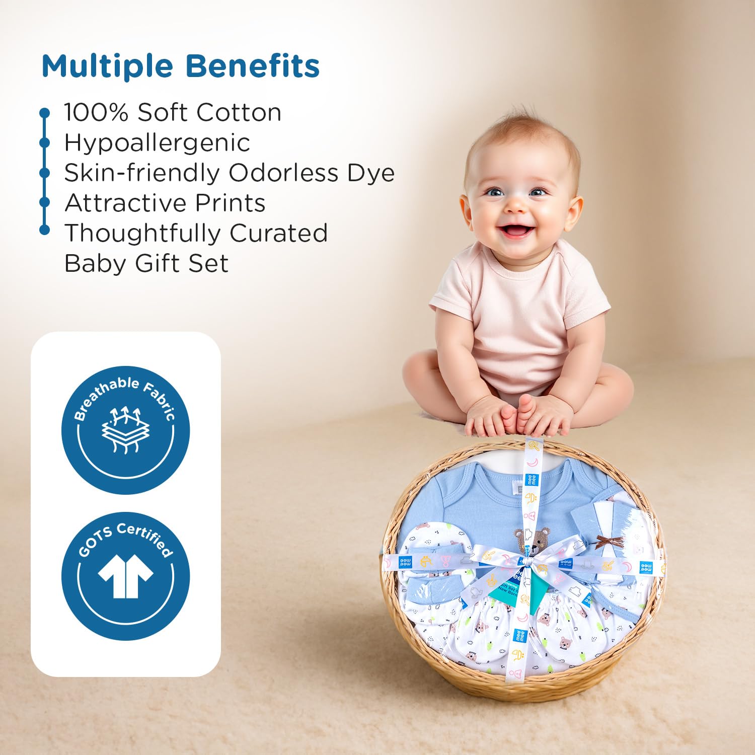 Mee Mee New Born Basket Baby Gift Set | Soft Cotton Clothing Essentials For Infants/Baby Girls, Boys | Baby Shower Clothing Hamper | 8 Pieces | (Round, Blue)
