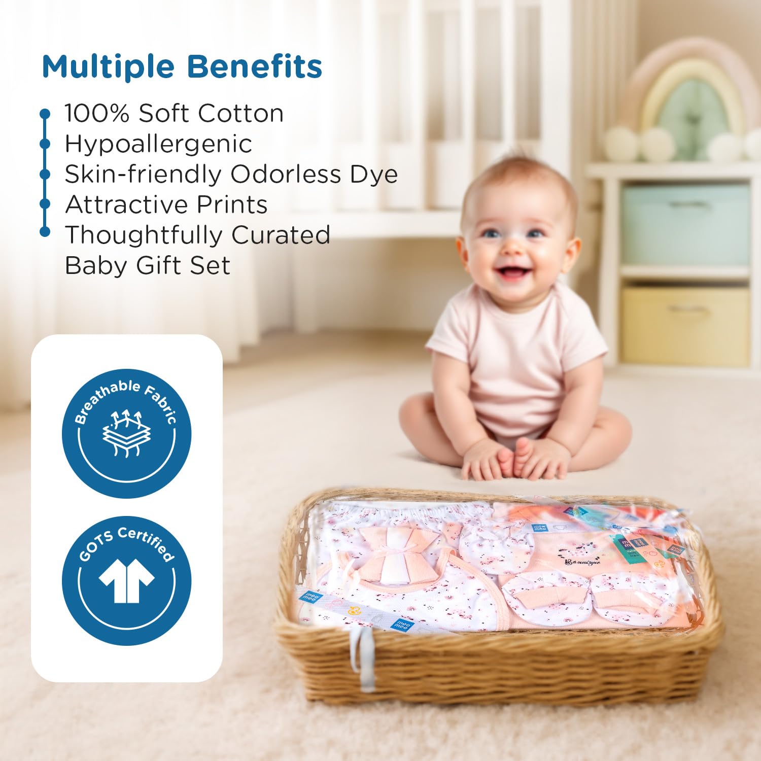 Mee Mee New Born Basket Baby Gift Set | Soft Cotton Clothing Essentials For Infants/Baby Girls, Boys | Baby Shower Clothing Hamper | 8 Pieces | (Square, Cream)