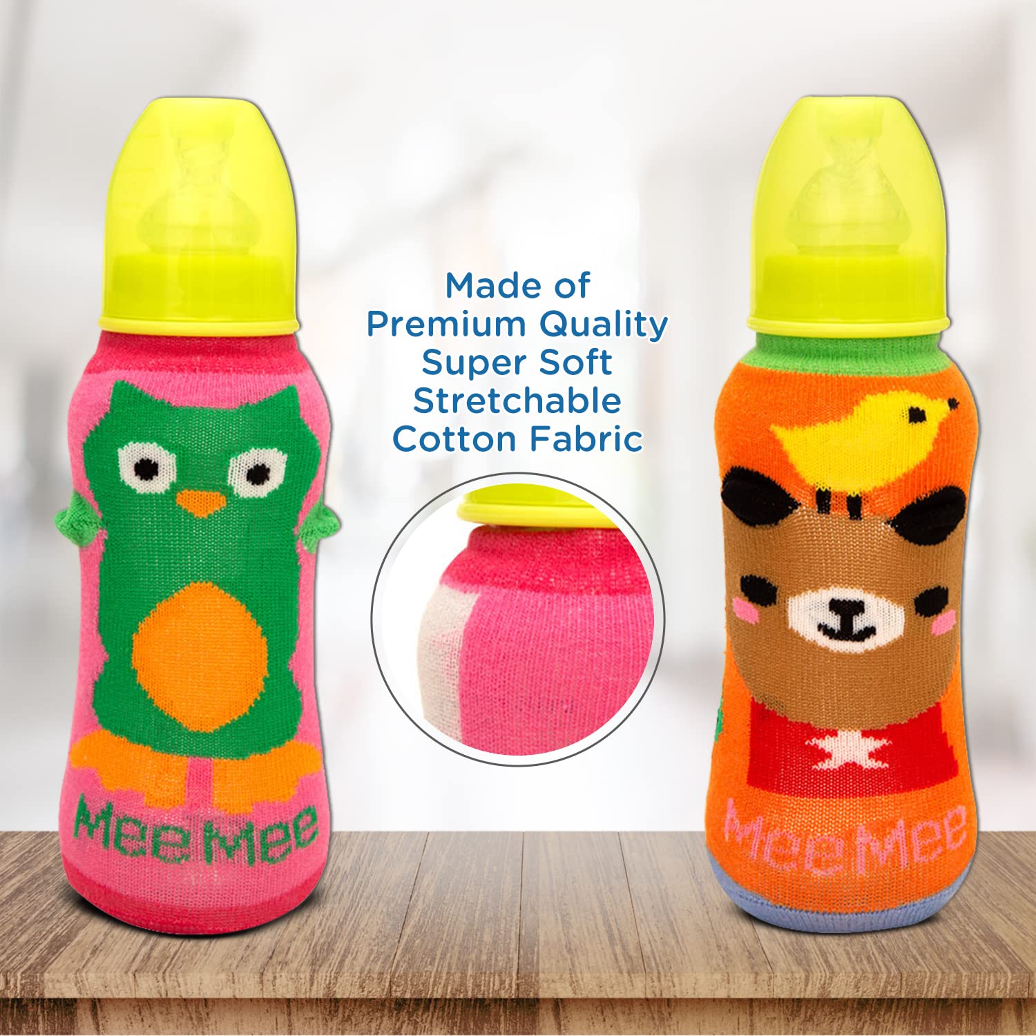 Mee Mee Soft Plush Stretchable Baby Feeding Bottle Cover with Cute Animated Overall Print (Pk-2) Multicolour