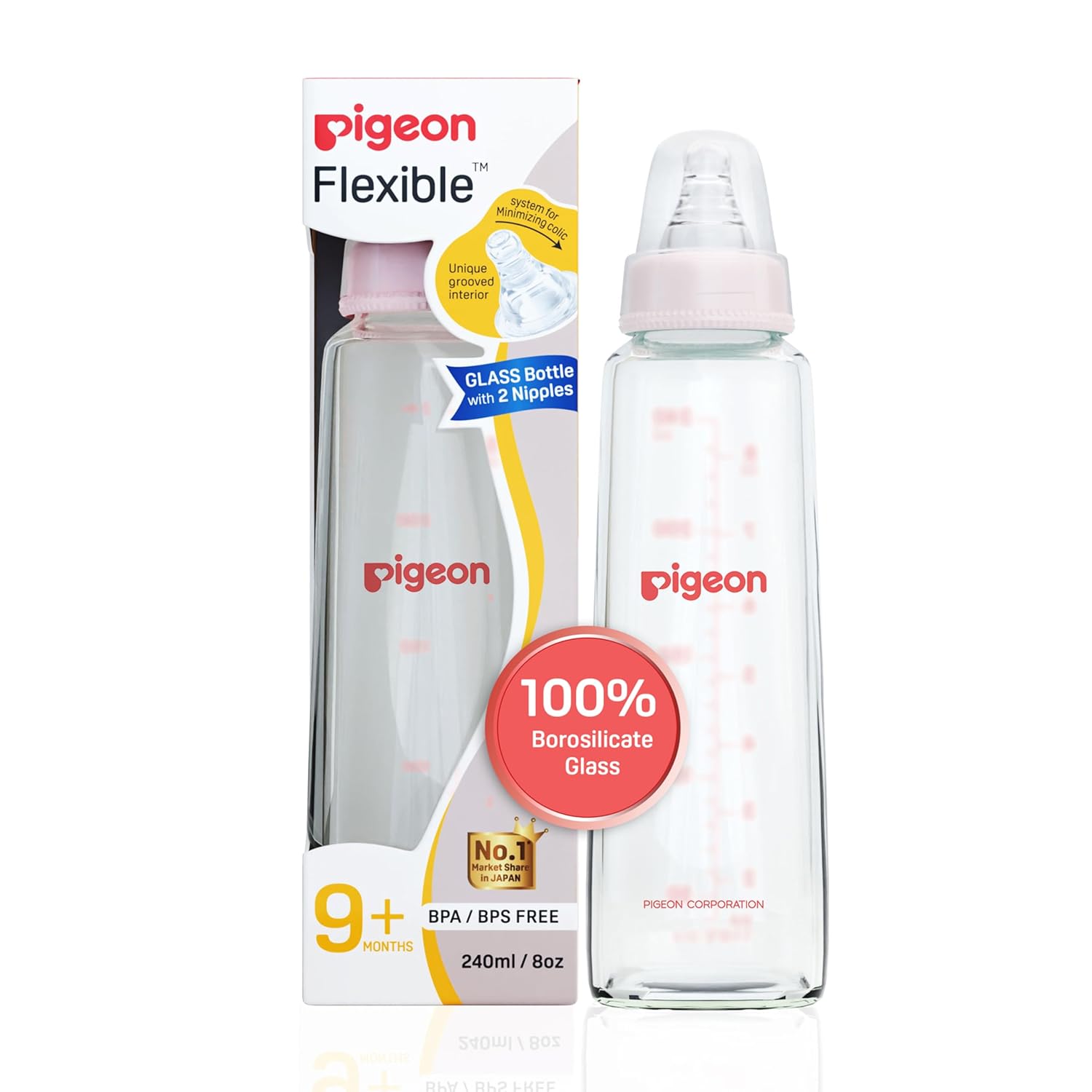 PIGEON Glass Feeding Bottle 240ML (Pink)