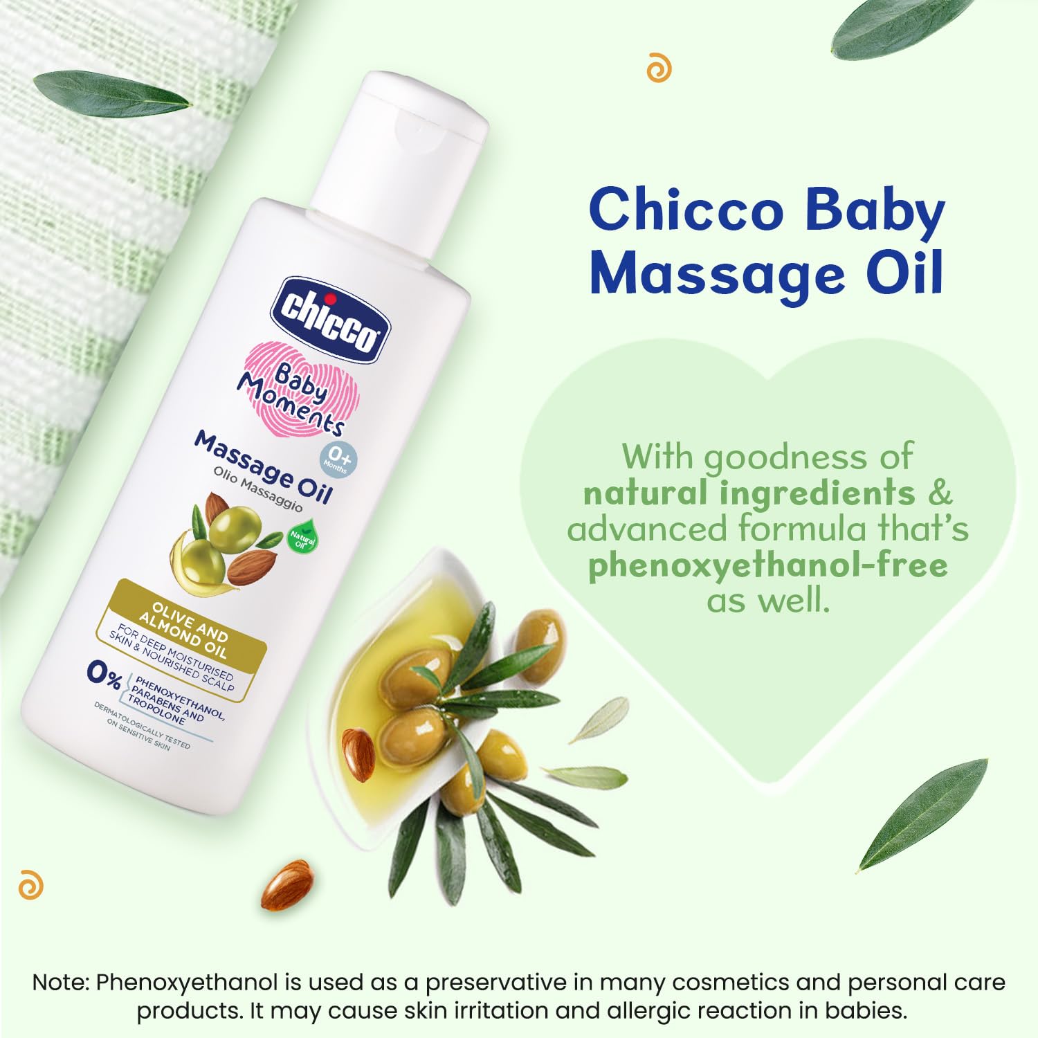 Chicco Baby Massage Oil, Non-Sticky With Natural Ingredients, No Phenoxyethanol & Parabens, Almond (300Ml)