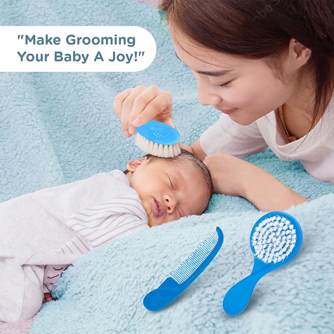Mee Mee Baby Care Comb And Brush Set For Newborn Babies And Infants For Tender Scalp Of Babies (2 Months +, Soft Bristled, Blue)