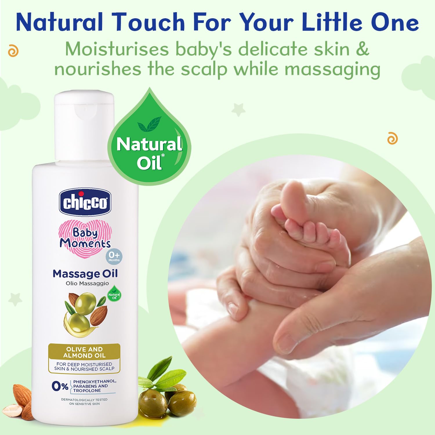 Chicco Baby Massage Oil, Non-Sticky With Natural Ingredients, No Phenoxyethanol & Parabens, Almond (300Ml)