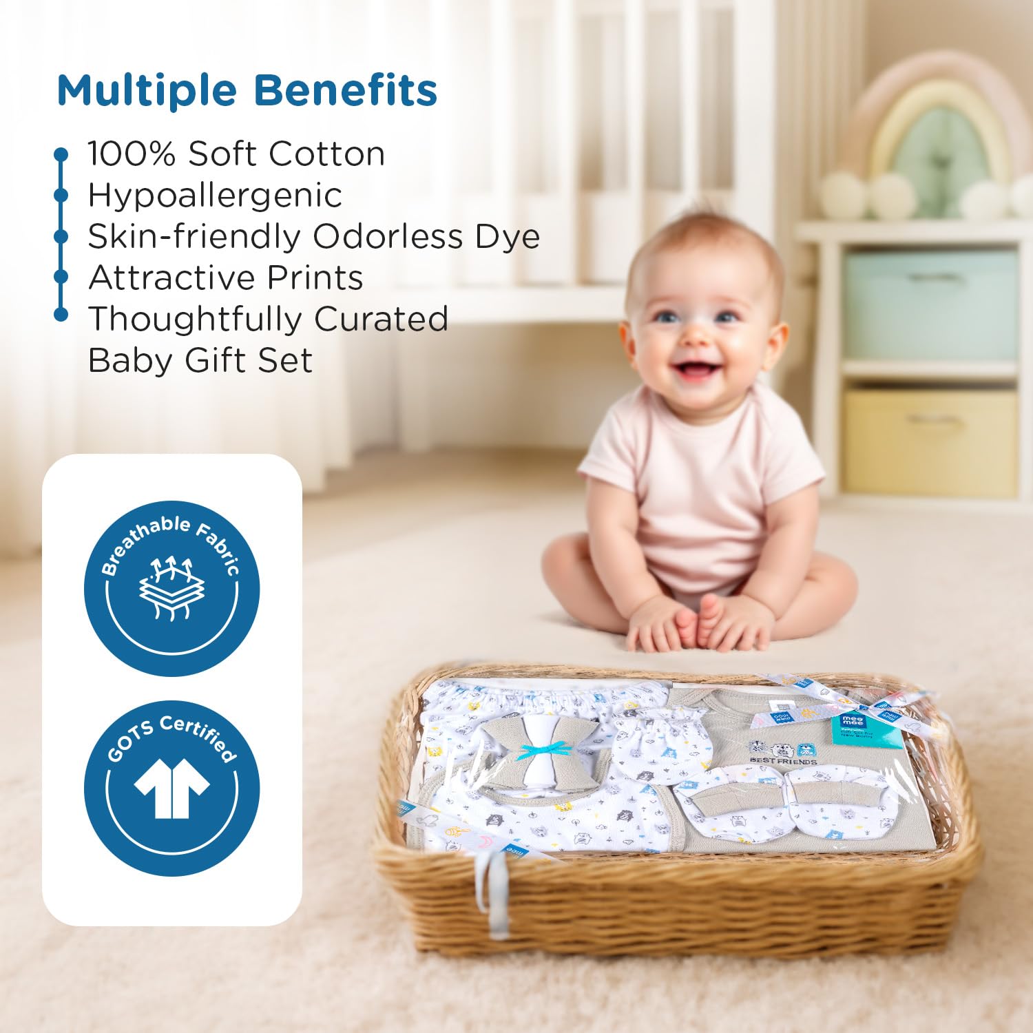 Mee Mee New Born Basket Baby Gift Set | Soft Cotton Clothing Essentials for Infants/Baby Girls, Boys | Baby Shower Clothing Hamper | 8 Pieces | (Square, Grey)