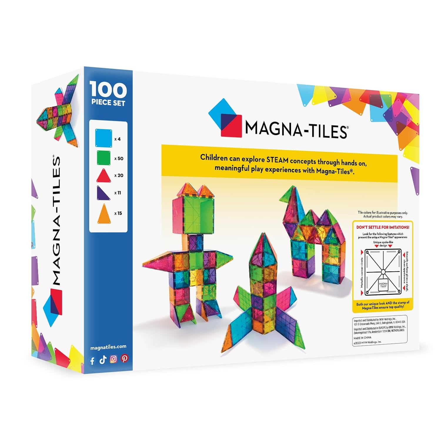 Magna-Tiles Magnetic Building Toys Clear Colors Set Multi Color (100 Pieces)