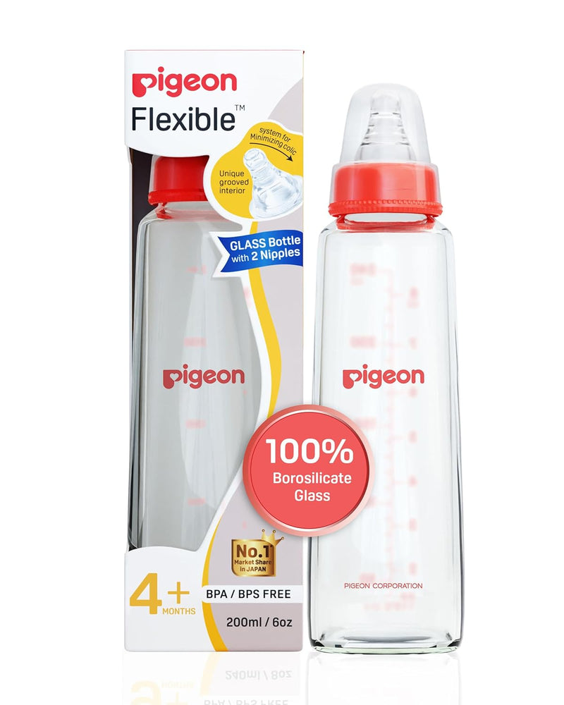 Pigeon Flexible Glass Nursing/Feeding Bottle With Added Nipple M,For 4+ Month Babies,Borosilicate Nursing/Feeding Bottle for Babies,BPA Free,BPS Free,Red,200 ml