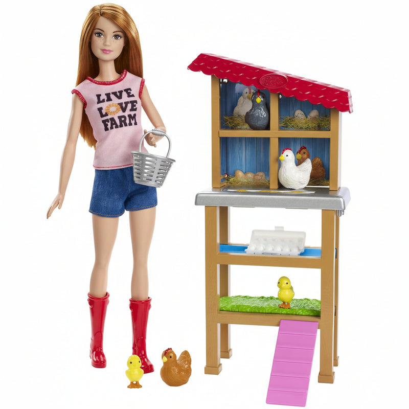 Barbie Chicken Farmer Doll Red-Haired and Playset with Henhouse 3 Chickens 2 Chicks and More Career