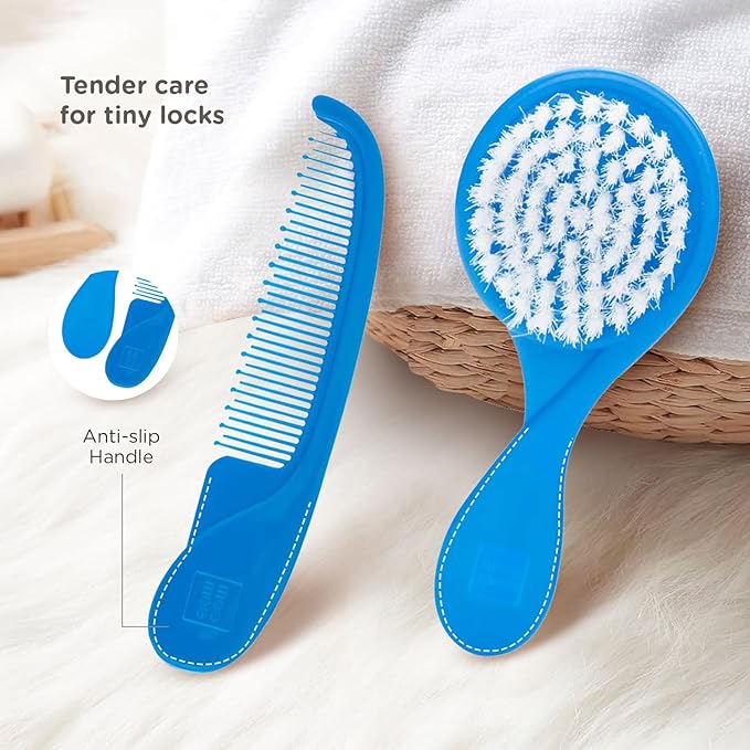 Mee Mee Baby Care Comb And Brush Set For Newborn Babies And Infants For Tender Scalp Of Babies (2 Months +, Soft Bristled, Blue)