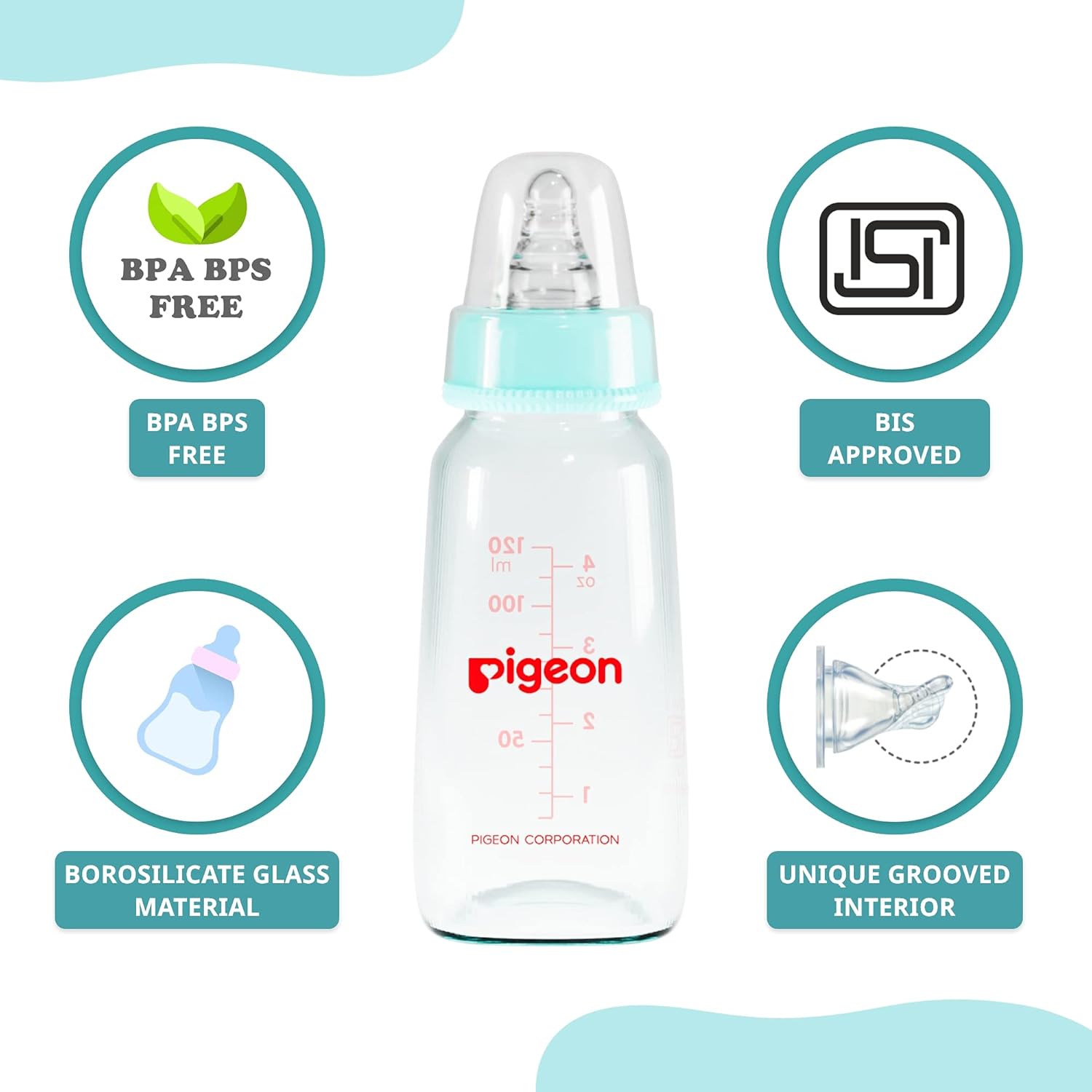 Pigeon Premium Glass Baby Feeding Bottle for New Born | with Added Anti-Colic Nipple | for 0+ Month Babies | BPS Free | BPA Free | Pale Blue Colour| 120 ml