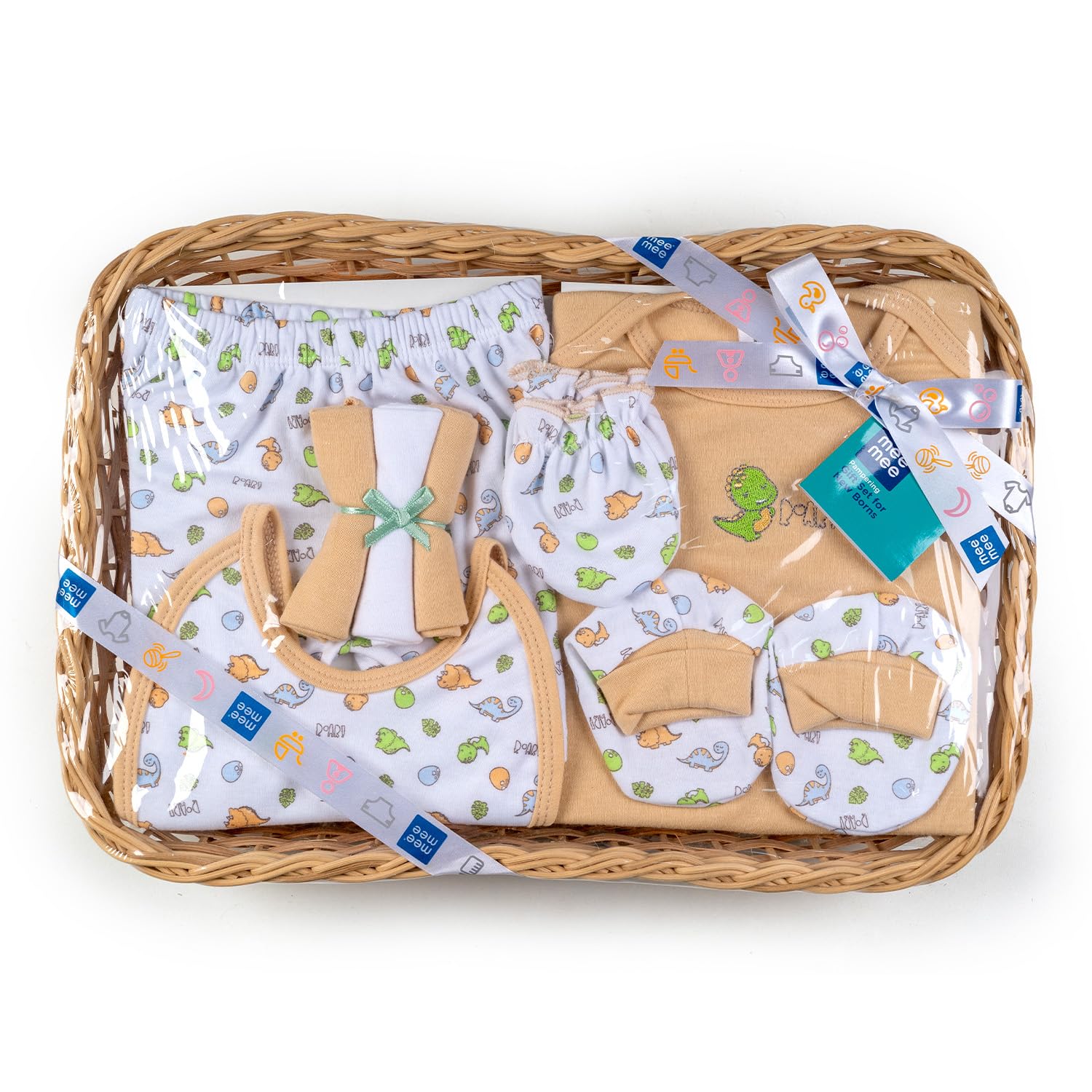 Mee Mee New Born Basket Baby Gift Set | Soft Cotton Clothing Essentials For Infants/Baby Girls, Boys | Baby Shower Clothing Hamper | 8 Pieces | (Square, Brown)