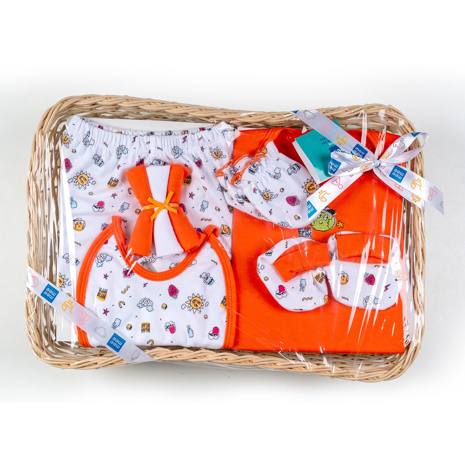 Mee Mee New Born Basket Baby Gift Set | Soft Cotton Clothing Essentials for Infants/Baby Girls, Boys | Baby Shower Clothing Hamper | 8 Pieces | (Square, Orange)