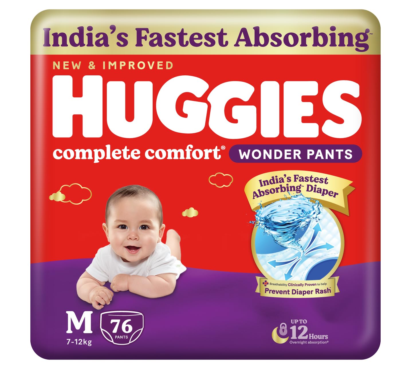 Huggies Complete Comfort Wonder Pants  Medium Size (M), 76 Count,  Ideal For 7 To 12 Kgs