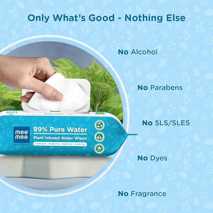 Mee Mee Pure Water Wet Wipes With Lid 80 Pcs × 2 (160 Pcs) Unscented, Plant Derived, Super Thick Baby Wet Pure Wipes