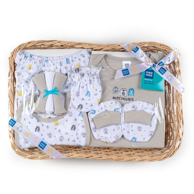 Mee Mee New Born Basket Baby Gift Set | Soft Cotton Clothing Essentials for Infants/Baby Girls, Boys | Baby Shower Clothing Hamper | 8 Pieces | (Square, Grey)