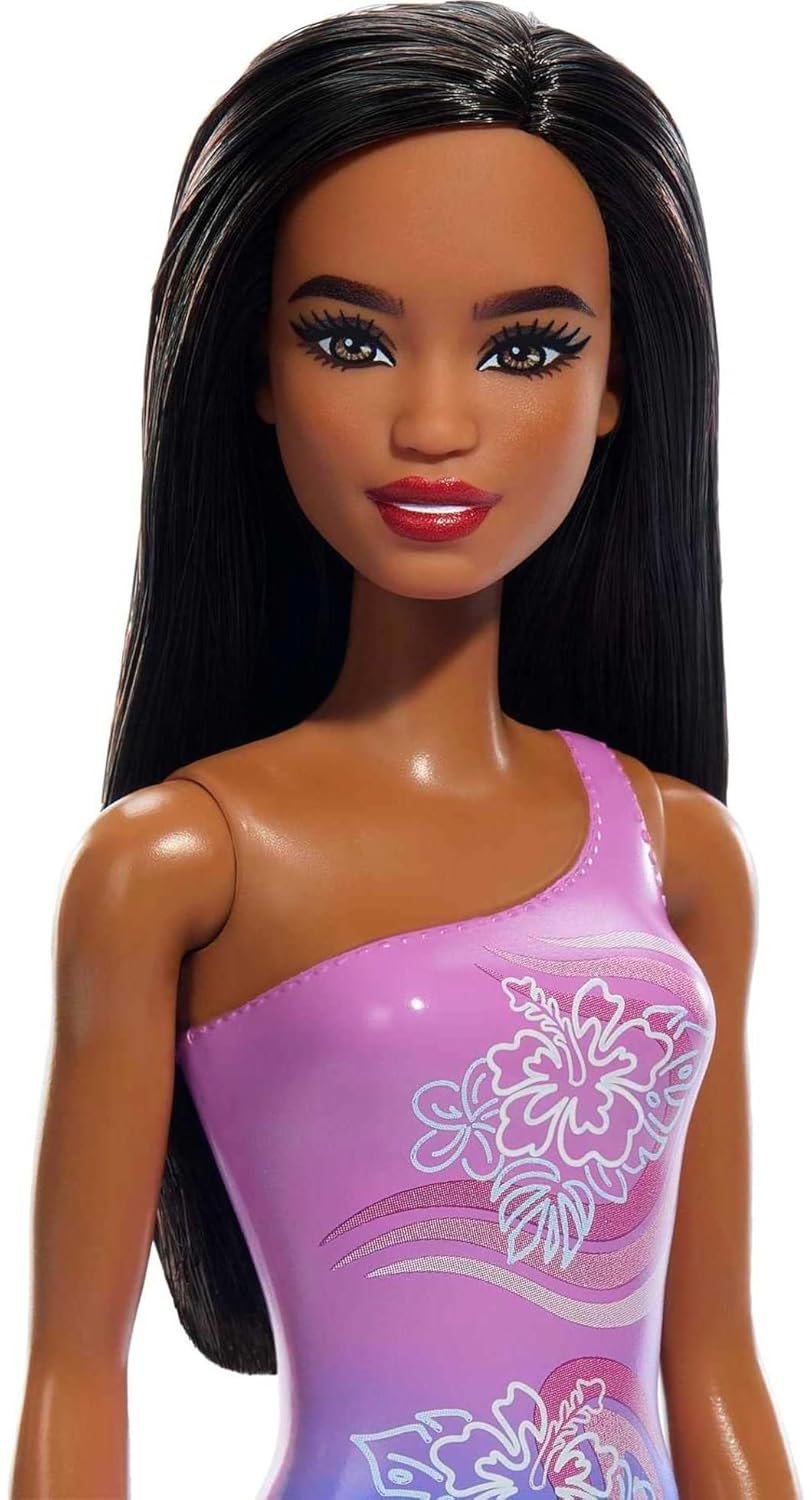 Beach Barbie Doll With Dark Brown Hair Wearing Tropical Purple Swimsuit