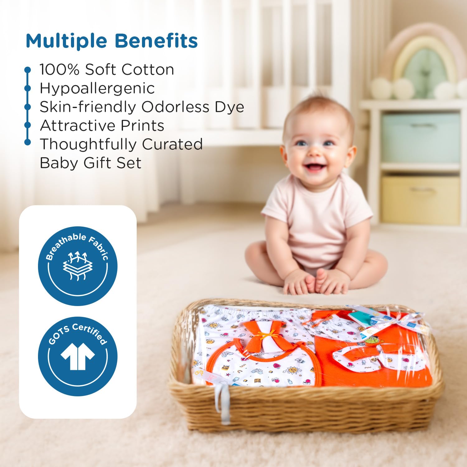 Mee Mee New Born Basket Baby Gift Set | Soft Cotton Clothing Essentials for Infants/Baby Girls, Boys | Baby Shower Clothing Hamper | 8 Pieces | (Square, Orange)
