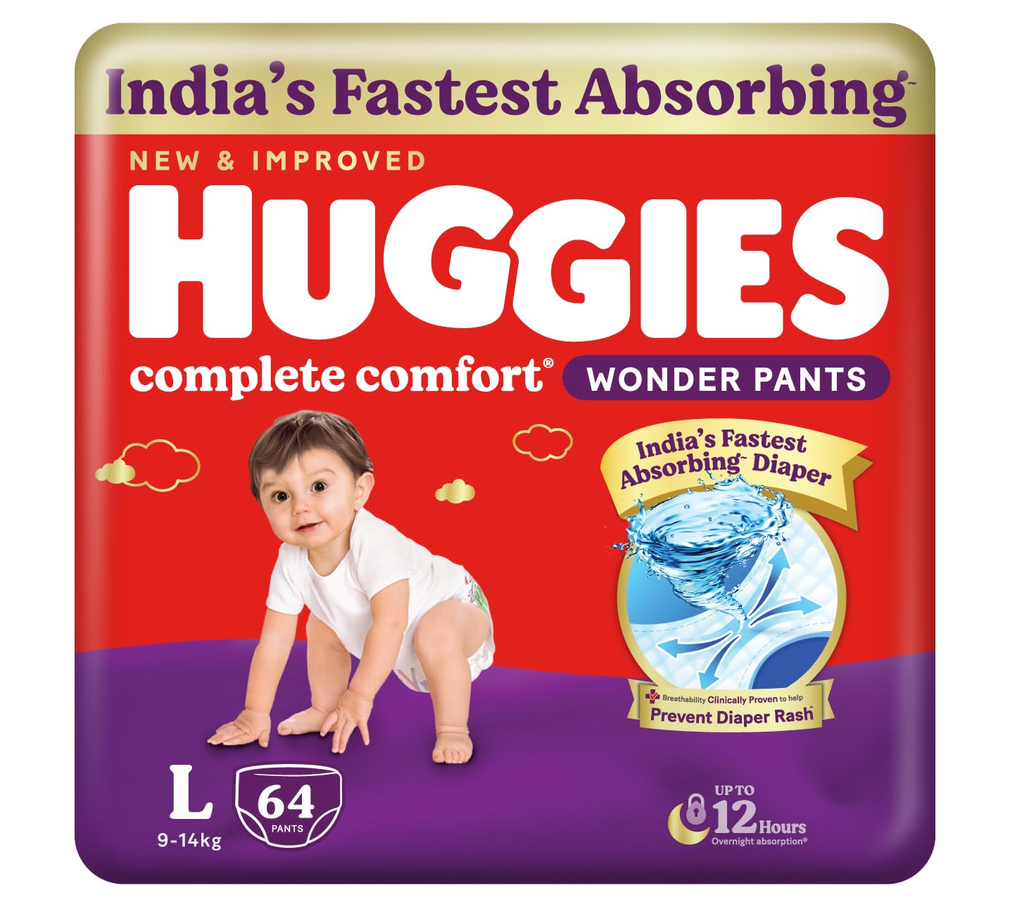 Huggies Complete Comfort Wonder Pants Large Size (L), 64 Count, Ideal For 9 To 14 Kgs