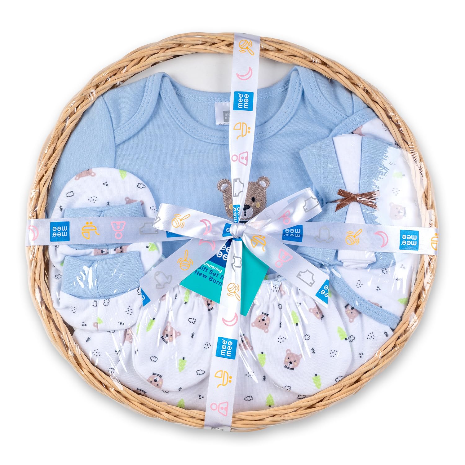 Mee Mee New Born Basket Baby Gift Set | Soft Cotton Clothing Essentials For Infants/Baby Girls, Boys | Baby Shower Clothing Hamper | 8 Pieces | (Round, Blue)