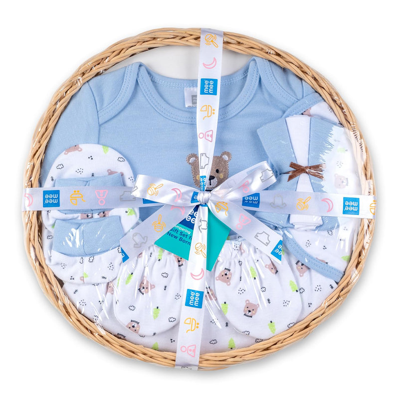 Mee Mee New Born Basket Baby Gift Set | Soft Cotton Clothing Essentials For Infants/Baby Girls, Boys | Baby Shower Clothing Hamper | 8 Pieces | (Round, Blue)