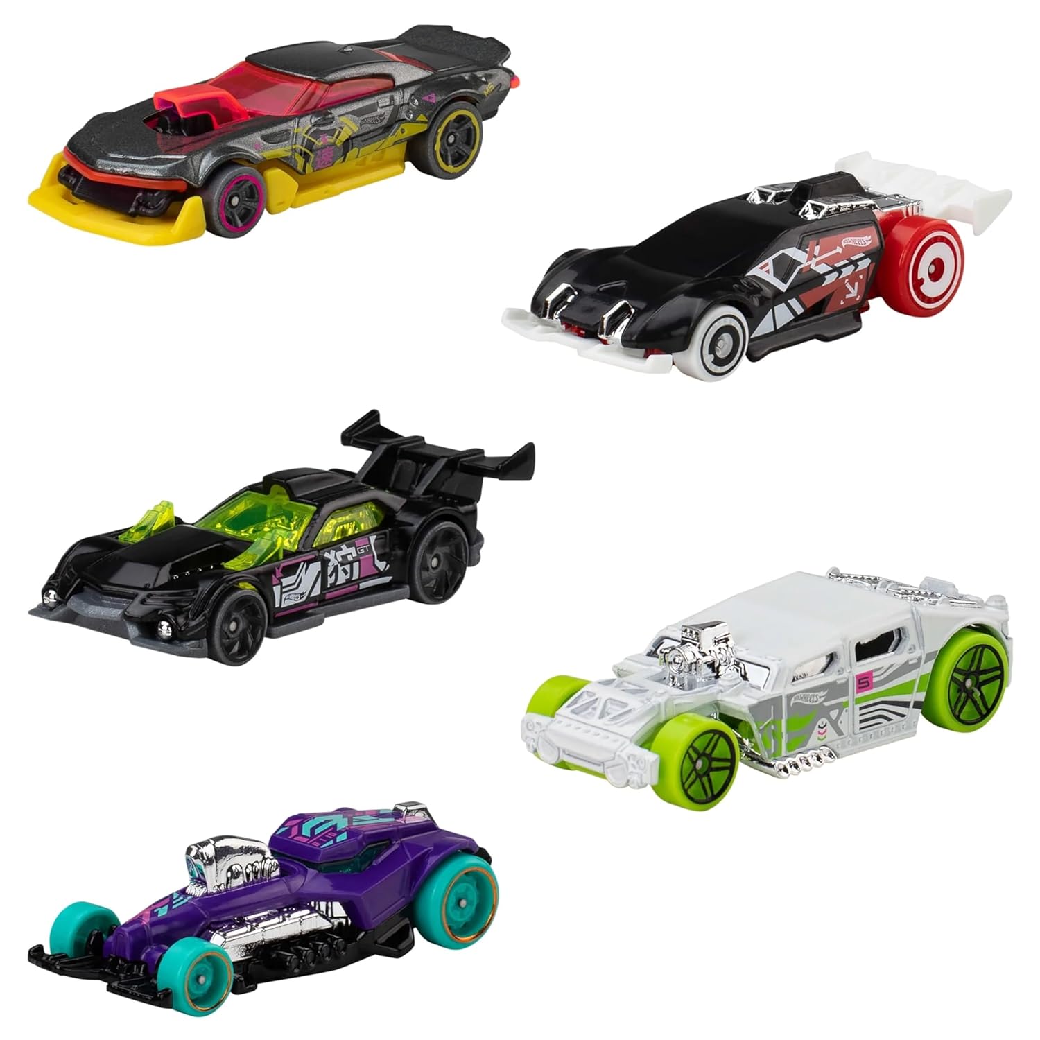 HW Pack of 5 Diecast 1:64 Toy Cars for Boys, Girls and Collectors - Best Gift Item (HW Cyber Noir)