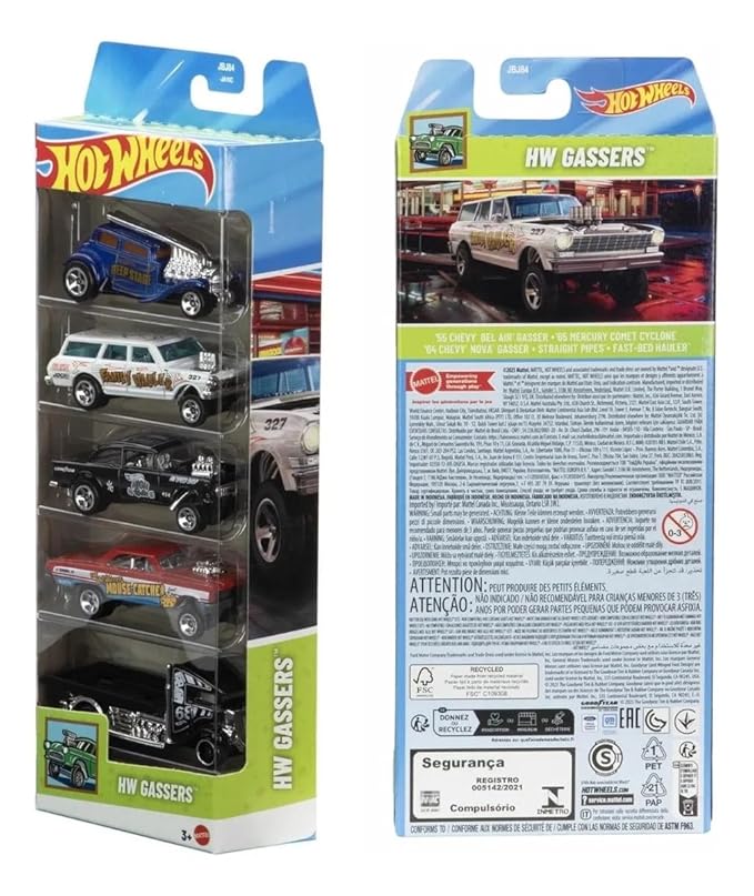 Hot Wheels Car 2025 HW Gassers Pack of 5 (55 Chevy Bel Air Gasser, 65 Mercury Comet Cyclone, 64 Chevy Nova Gasser, Straight Pipes, Fast-Bed Hauler) Multi - Color