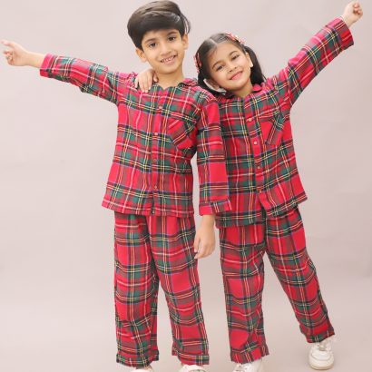 Cotton Night Suit for Boys - Red Checks