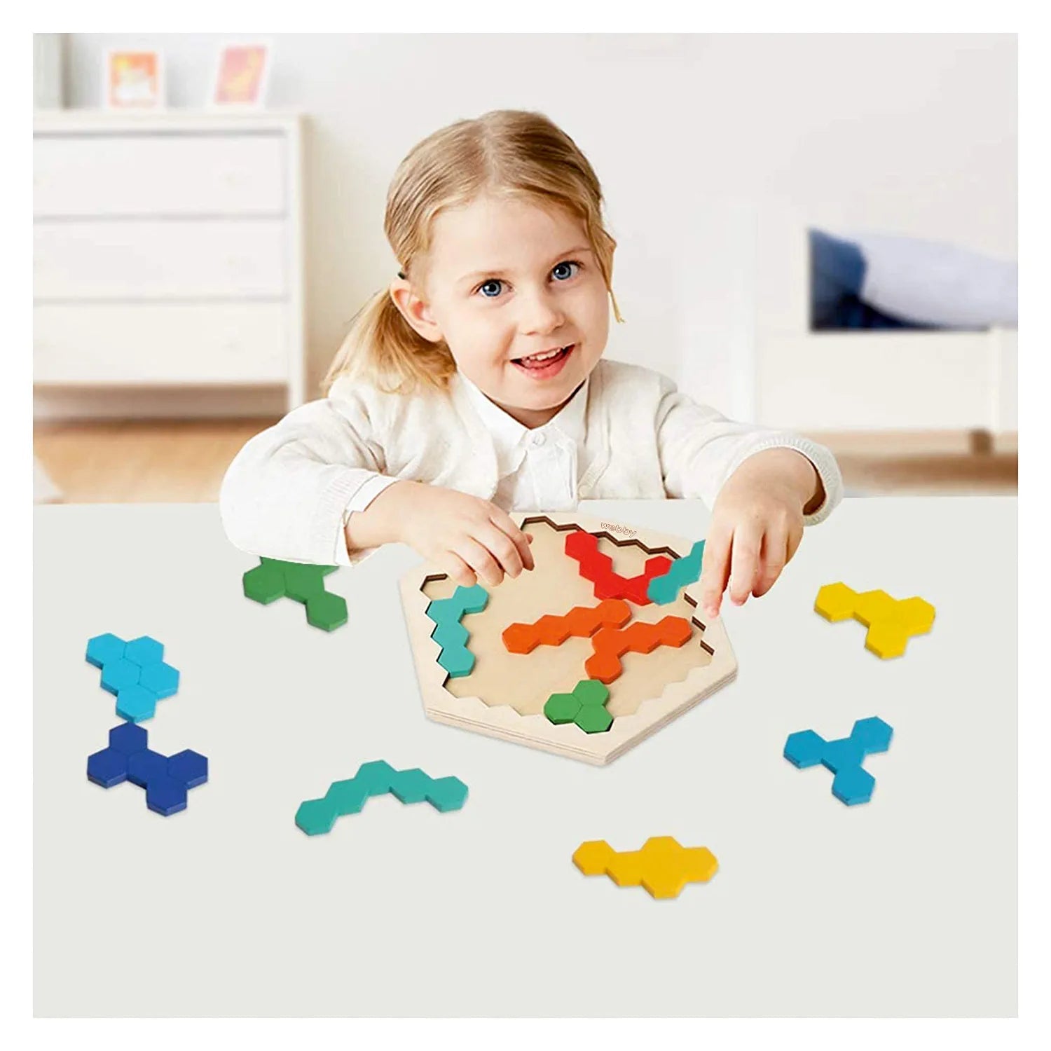 Webby Hexagonal Wooden Tetris Brain Teaser Puzzle