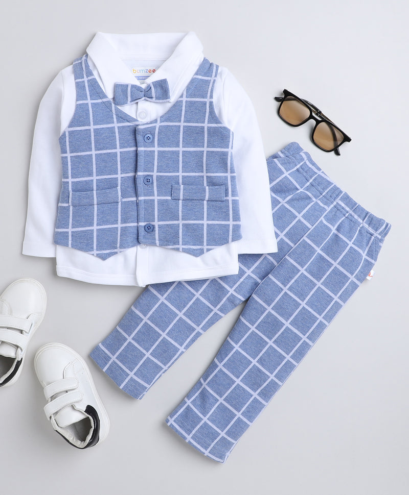 Sky Blue & White Boys Full Sleeves Shirt Waistcoat & Pant Set With Applique Bow