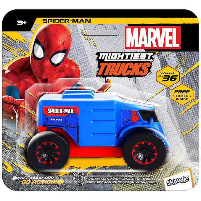 SKOODLE Kid Marvel Pull-Back Monster Truck - Spiderman Edition, Marvel Inspired Toy Bikes with Sturdy and Long-Lasting Construction, Enhances Motor Skills and Fun Vehicle Toy for Gifting - Blue & Red