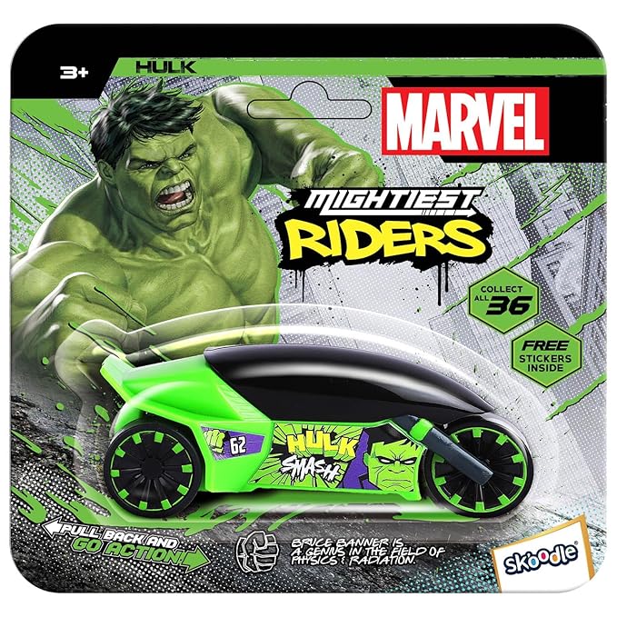 SKOODLE Marvel Pull-Back Rider Bike for Kids - Hulk Edition Motorcycles, Marvel Inspired Toy Bikes with Sturdy and Long-Lasting Construction, Enhances Motor Skills, Fun Vehicle Toy for Gift - Green