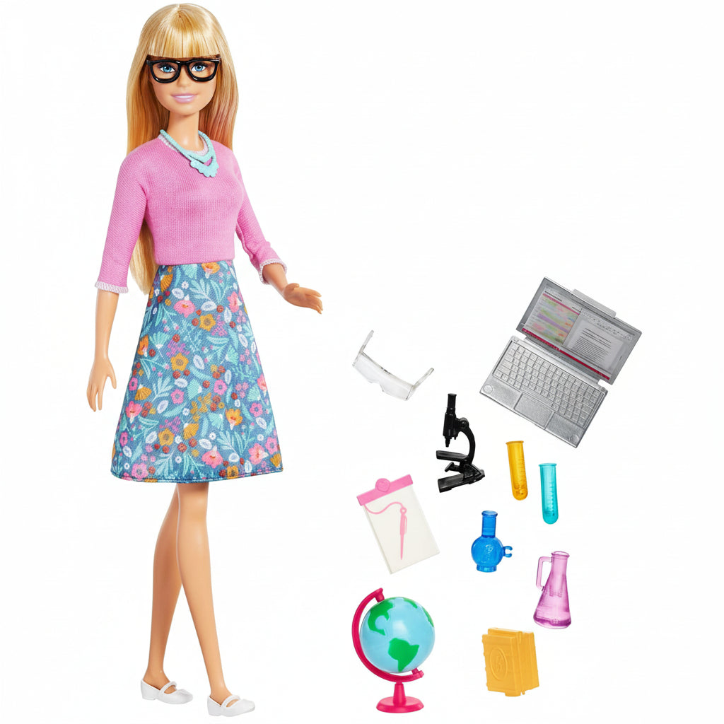 Barbie Teacher Doll Blonde with 10 Teaching Accessories Including Spinning Globe and a Laptop That O